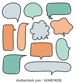 collection set of cute hand drawn line frame border,blank speech bubble balloon green and orange pastel color, think, speak, talk, text box, banner, flat design vector illustration
