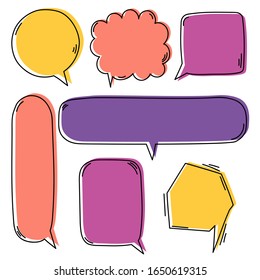 collection set of cute hand drawn line frame border, blank speech bubble balloon think speak talk text box, banner, flat design vector illustration