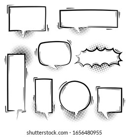 collection set of cute hand drawn line, blank pop art halftone polka dots speech bubble balloon, black and white color, think speak talk text box banner, flat design vector illustration
