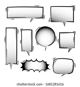 collection set of cute hand drawn line, blank pop art halftone polka dots speech bubble balloon, black and white color, think speak talk text box banner, flat design vector illustration