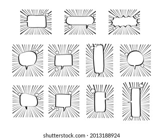Kollektion von süß handgezeichnet Blankoblblase Ballon mit Geschwindigkeit, Schrei, Denken, Sprechen, Reden, Textfeld, Banner, Wohnung, Design, Vektorgrafik