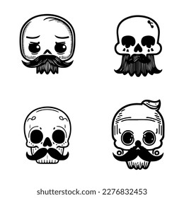 A collection set of cute Hand drawn skulls with mustaches, perfect for adding a playful touch to any design or project.
