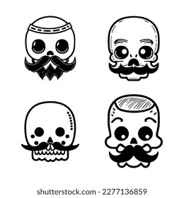A collection set of cute Hand drawn skulls with mustaches, perfect for adding a playful touch to any design or project.