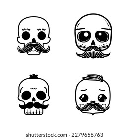 A collection set of cute Hand drawn skulls with mustaches, perfect for adding a playful touch to any design or project.