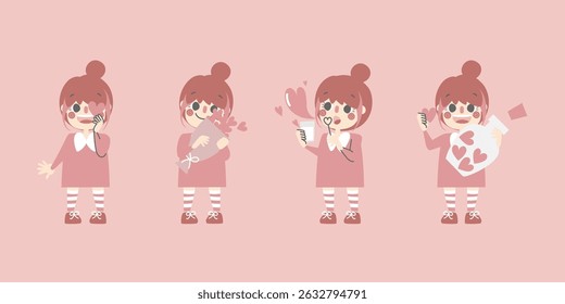 collection set of cute and lovely girl falling in love with heart, happy valentines day, birthday, love concept, flat vector illustration cartoon character costume design