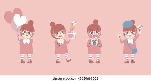 collection set of cute and lovely girl falling in love with heart, happy valentines day, birthday, love concept, flat vector illustration cartoon character costume design