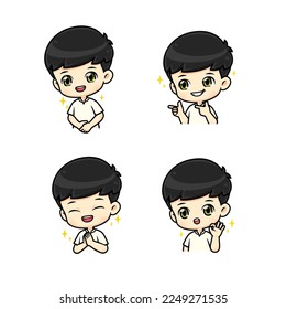 Collection set Cute and polite boy mascot cartoon character in many pose, isolated vector illustration