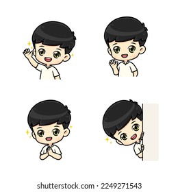 Collection set Cute and polite boy mascot cartoon character in many pose, isolated vector illustration