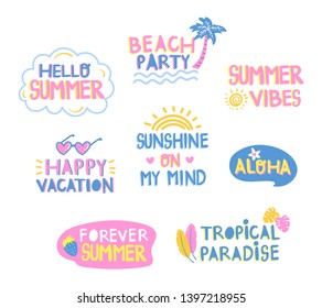 Collection set of cute summer phrases. Perfect for sticker, clip art, etc