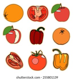 Collection of a set of cute vector illustration fruits and vegetation.