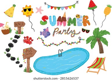 Collection of set Cute watercolor crayon colorful summer pool party season time kids illustration handdrawn doodle element clipart