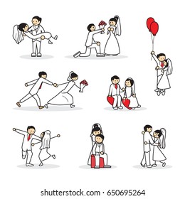 Collection set of cute wedding couple, bride and groom in love