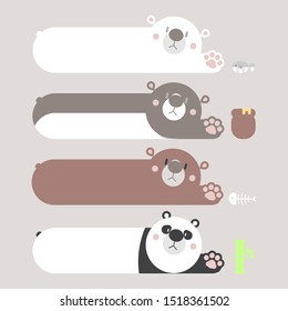 collection set of cute wildlife animal colorful teddy bear and panda with fish, honey jar, bone, and bamboo, pastel color text box, banner, template, art, flat, design, vector, illustration
