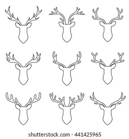 collection set of deer head silhouette symbols, horn style, vector illustration, graphic design