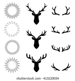 collection set deer head   sunburst  elements set  vector illustration  graphic design  hand drawn elements
