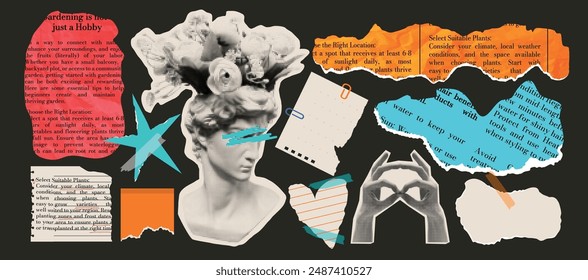 Collection and set of design elements in modern trendy design. Concept for the web. Sculpture. Template. Vector. Retro collage in halftone style and pieces of torn and crumpled paper. Stationery tape.