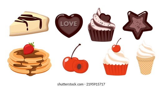 Collection set of dessert object cheese cake pancake chocolate muffin cookie cherry strawberry