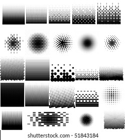 Collection set of different abstract halftone art elements. Dots, squares, and line patterns included.