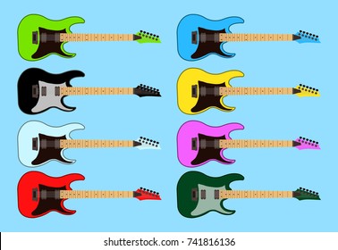Collection set of different color electric rock guitars. Flat design Vector Illustration EPS