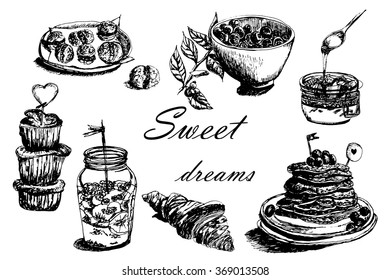 Collection set of different desserts: cakes, jams and berries sketch hand-drawn vector illustration