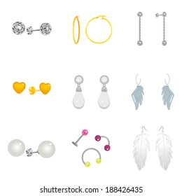 Collection set of different golden and silver earrings pendants and piercings