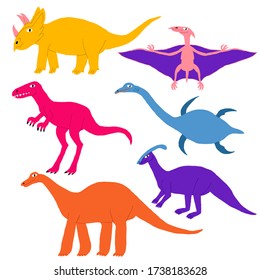 Collection set different kind of dinosaurs isolated on white. Cute multi colored reptiles. Parasaurolophus, tyrannosaurus, triceratops, pterosaur, brontosaurus, plesiosaur. Stock vector illustration.