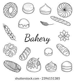 Collection set of different kinds of pastry: bagels, baguette, bun, cake with frosting, glaze, bread in black isolated on white background. Hand drawn vector sketch in doodle engraved vintage style