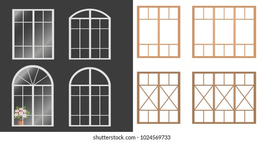 Collection set of different kinds of white, wooden Windows. Windows with glass. Flowers on the windowsill. Vector illustration isolated on white, grey background