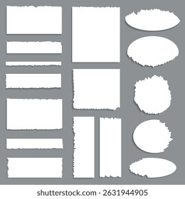 Collection of set of different shaped white paper sheets with torn paper effect and realistic shadow effect, isolated vector illustration