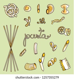Collection set of different types of Italian pasta isolated on green background with a noodles lettering: penne, farfalle, trofie, rigatoni,  noodles, linguini, conchiglie, macaroni. Vector image.