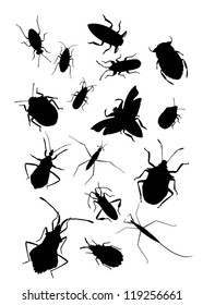 Collection of a set of diffirent tipes of bugs as such as water bugs or stink bugs in the form of black silhouettes