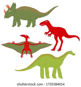 Collection set of dinosaurs isolated on white background. Funny triceratop, tyrannosaur, pterodactyl, titanosaur. Large wild reptile. Fun design. Flat style drawing. Stock vector illustration.