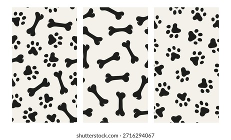 Conjunto de colección huella de perro con patrón de hueso en colores blanco y negro. Garabato monocromo de la pata del perro, diseño para la tela, cubierta, Fondo de pantalla, fondo.