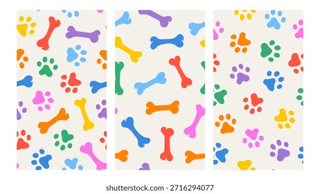Coleção definir pegada cão com padrão de osso em cores arco-íris. Doodle de pata de cachorro colorido, design para tecido, capa, papel de parede, fundo.