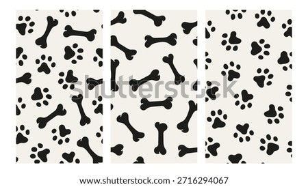 Collection set dog footprint with bone pattern in black and white colors. Monochrome dog paw doodle, design for fabric, cover, wallpaper, background.
