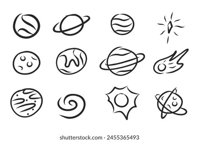 Colección conjunto de doodle planets objetos espaciales. estrellas sistema solar dibujado a mano Ilustración vectorial