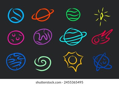 Collection set of doodle planets space objects . stars solar system hand drawn vector illustration