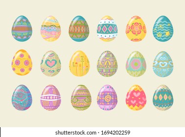 Collection set of Easter eggs with colorful ornaments. The symbol of the Easter holiday. Vector eps 10
