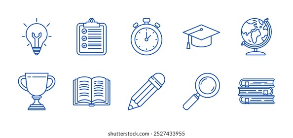 Conjunto de colección de iconos vectoriales de educación con estilos de contorno para App de Web y móviles.