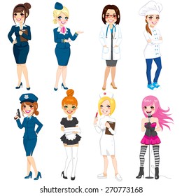 Collection set of eight different women professions