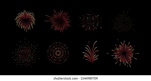 Collection or set of eight fireworks vectors icons in red, orange and yellow gradient colors isolated on black background for new years eve celebration