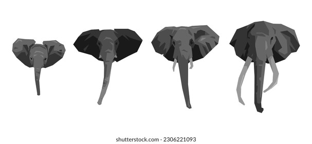 Collection set of elephant heads front view. different types, sizes, ages, angles. cartoon flat vector illustration.