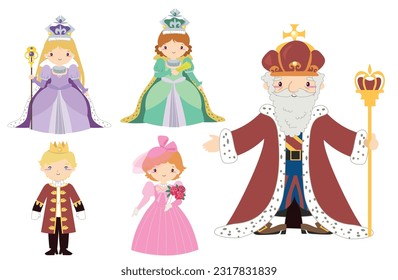 Conjunto de colecciones del reino familiar, rey, reina, príncipe y princesa de cuento de hadas del reino medieval. Ilustraciones vectoriales de personajes de dibujos animados lindos y de fantasía del reino kawaii.