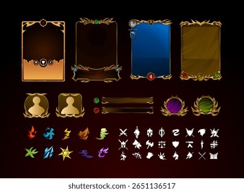 collection set of fantasy golden ancient trading card game with elements, rpg icon symbols, medal and bar