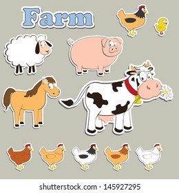 collection set of farm animals with shadows isolated on a beige background. vector illustration.