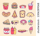 Collection Set of Fast Food, Junk Food, Street Food with cute kawaii face expressions. Handmade in doodle style - Vector EPS