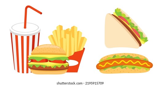 Collection set of fast food object hot dog sandwich soft drink hamburger french fries