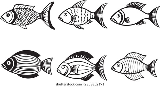 Collection set of fish doodle sketch illustration