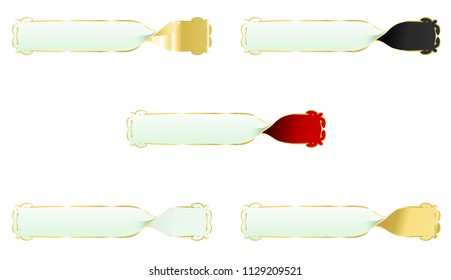 Collection set of five abstract colour vector web banners with Golden metallic border and spiral bend front back 