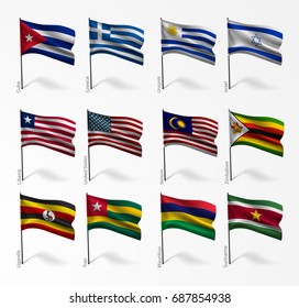 Collection set of flags of world on flagpole